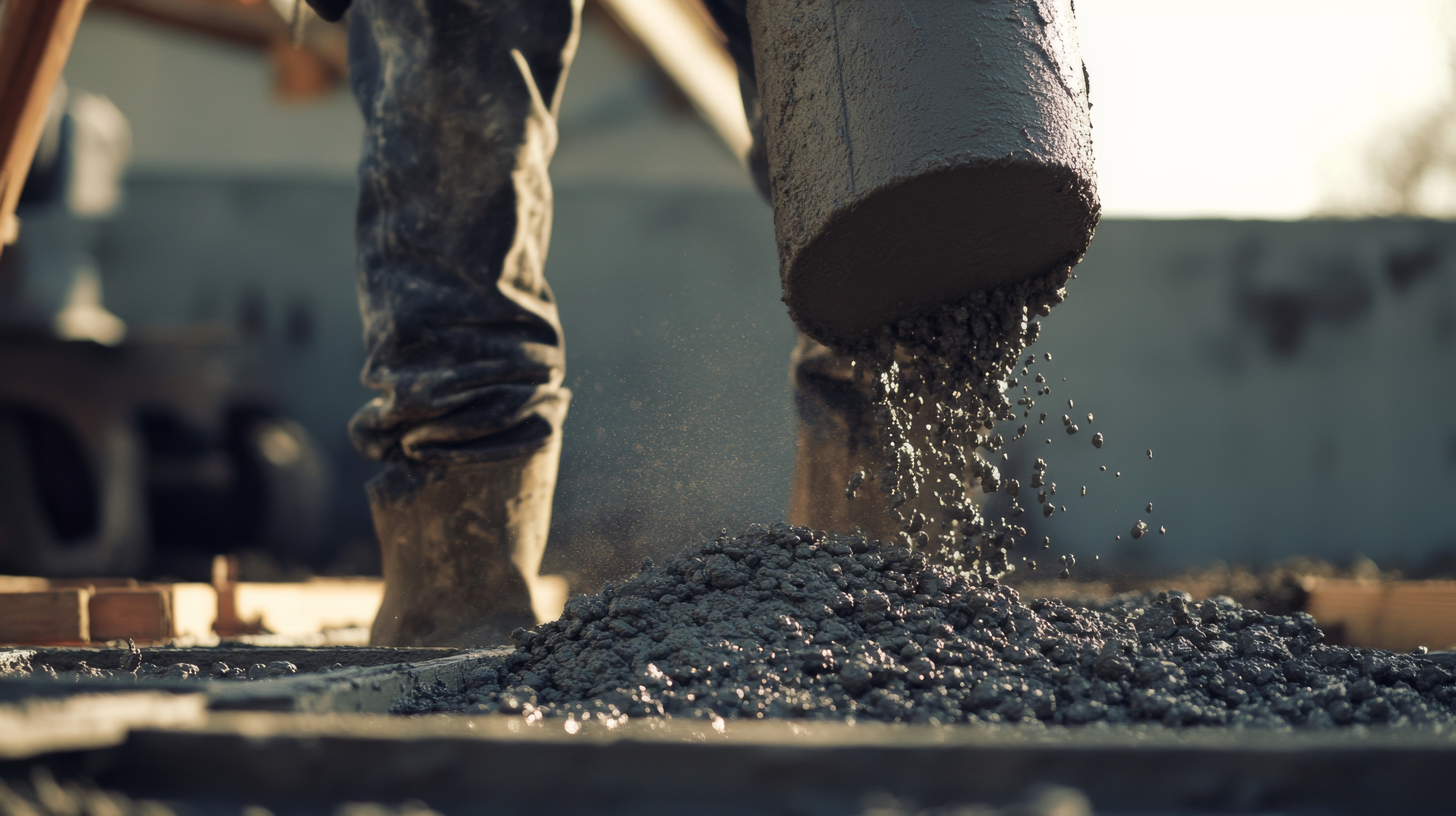A close-up of a construction worker pouring concrete into a foundation mold, Concrete pouring scene, Foundation setting style